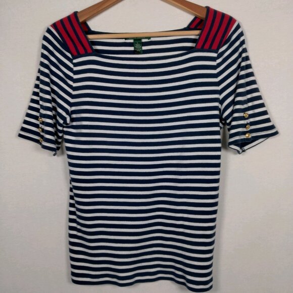 Lauren Ralph Lauren Shirt Women L Blue White Nautical Sailor Striped Gold Button - Picture 2 of 15